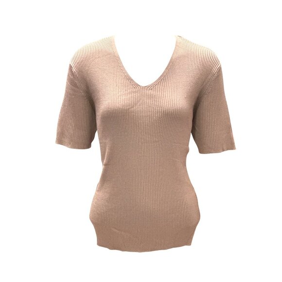 August Silk Knits Size XL Short Sleeve Taupe Ribbed 100 Percent Silk Knit Top - Picture 2 of 10